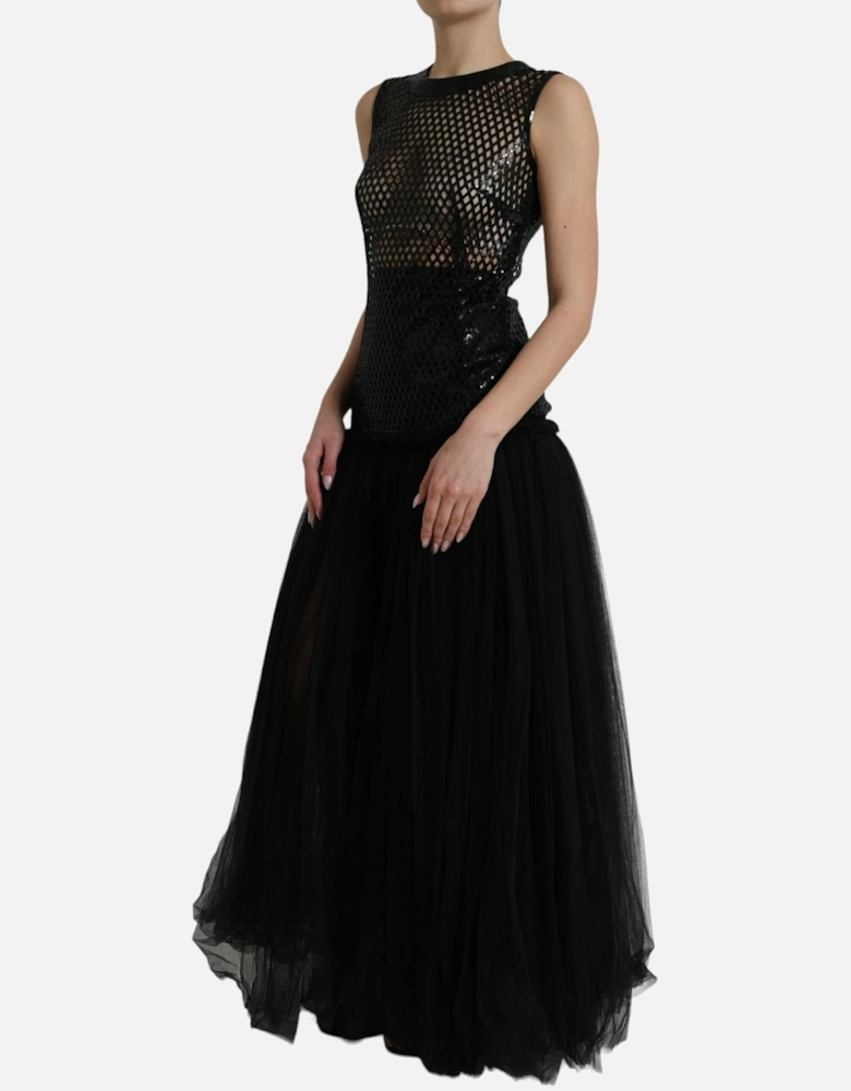 Embellished Mesh Bodice Evening Dress with Tulle Hem Women - Black
