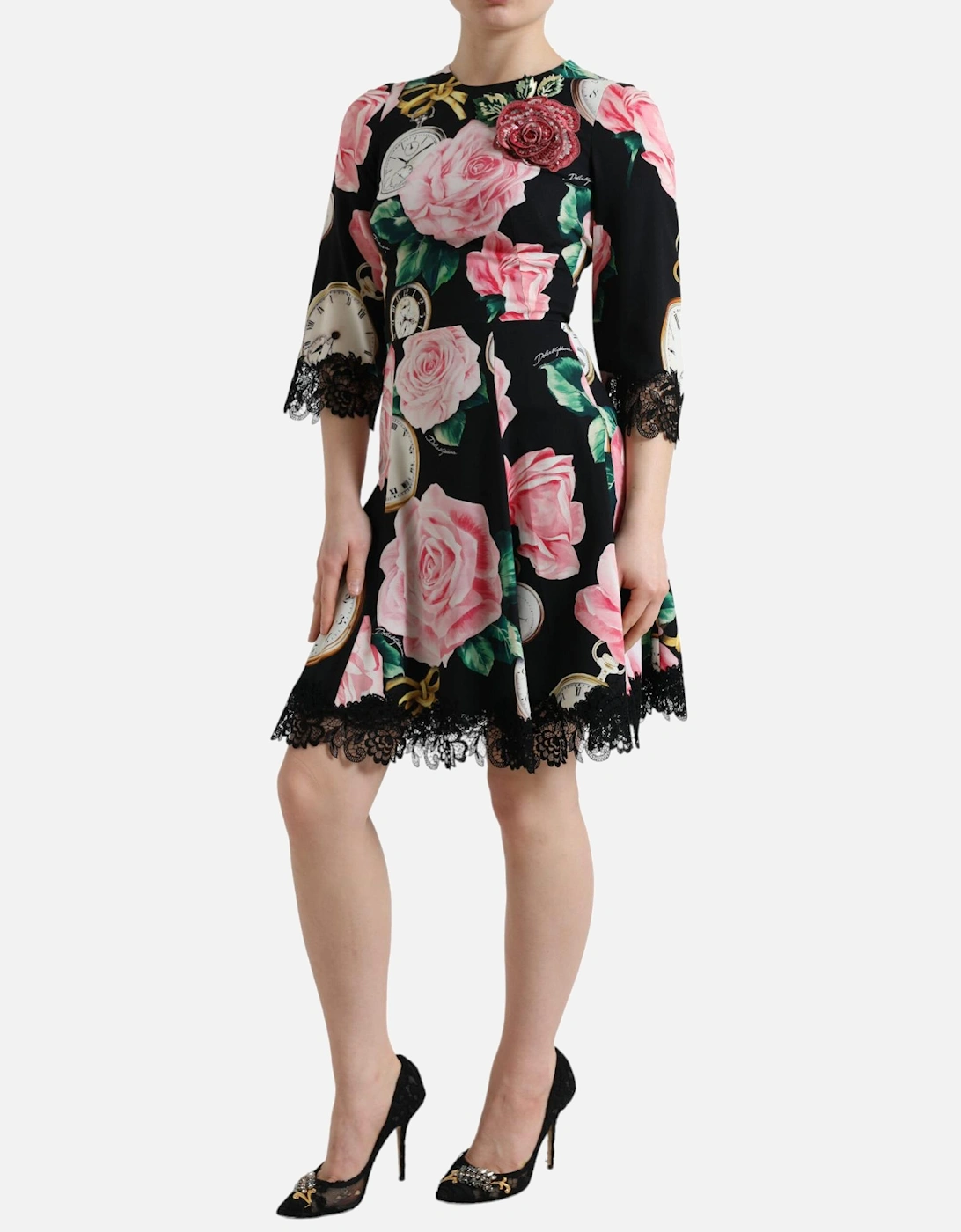 Rose Pocket Watch Dress ALine Mini Dress Women - Black Dresses