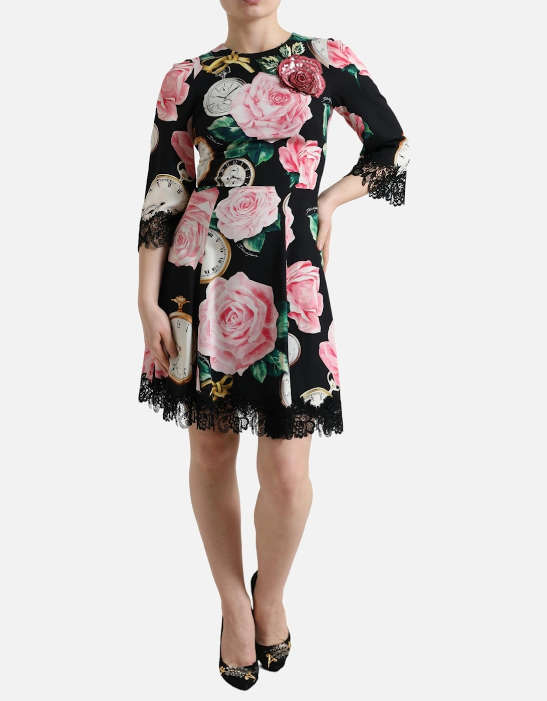 Rose Pocket Watch Dress ALine Mini Dress Women - Black Dresses, 7 of 6