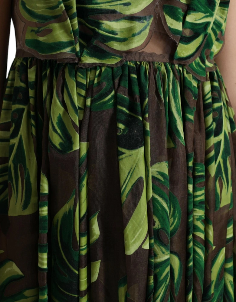 Printed Silk Maxi Dress Tropical Leaf Print Women - Green Dresses