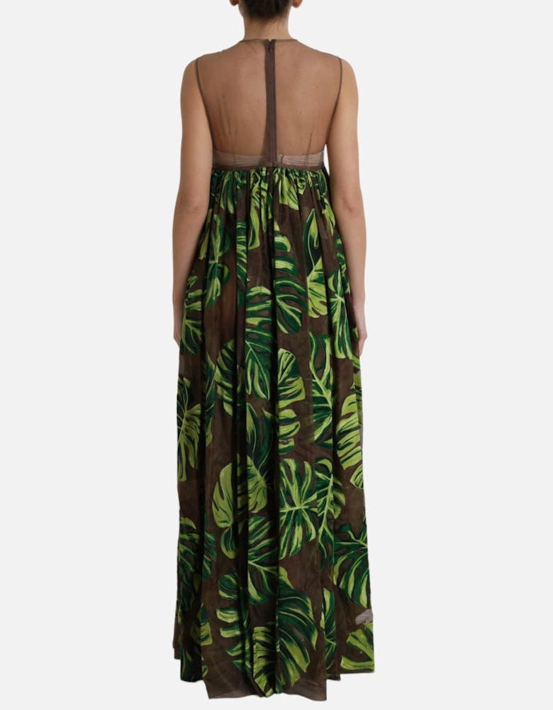 Printed Silk Maxi Dress Tropical Leaf Print Women - Green Dresses