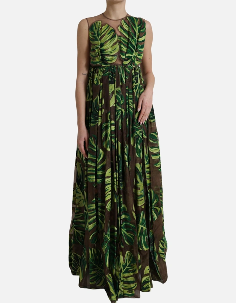 Printed Silk Maxi Dress Tropical Leaf Print Women - Green Dresses