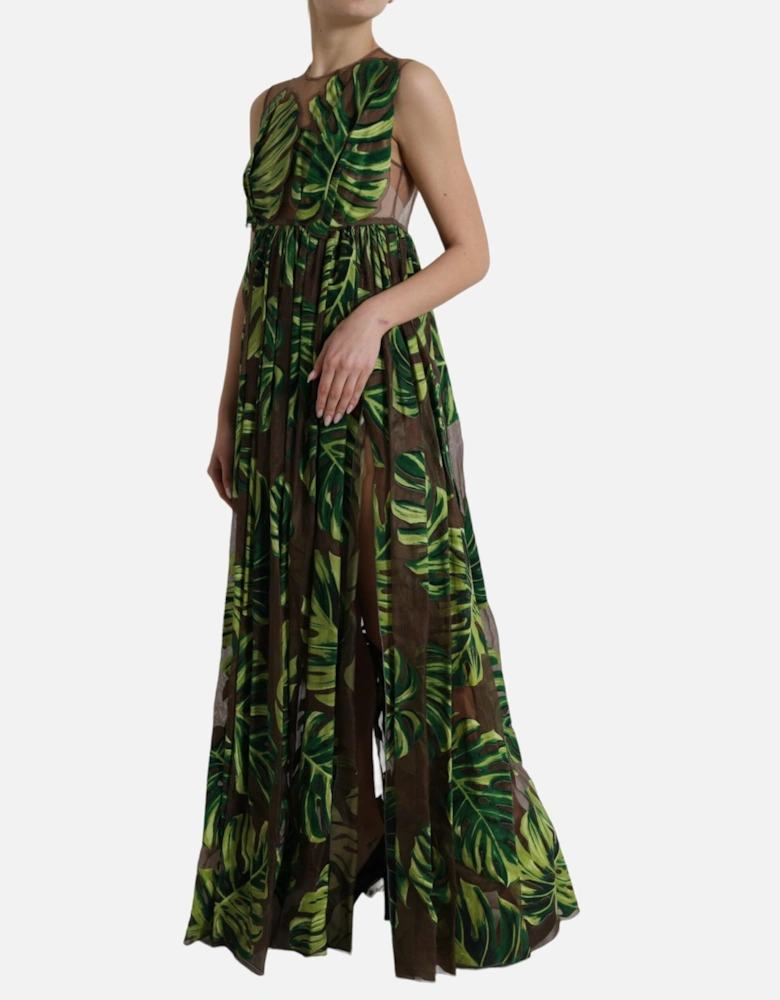 Printed Silk Maxi Dress Tropical Leaf Print Women - Green Dresses