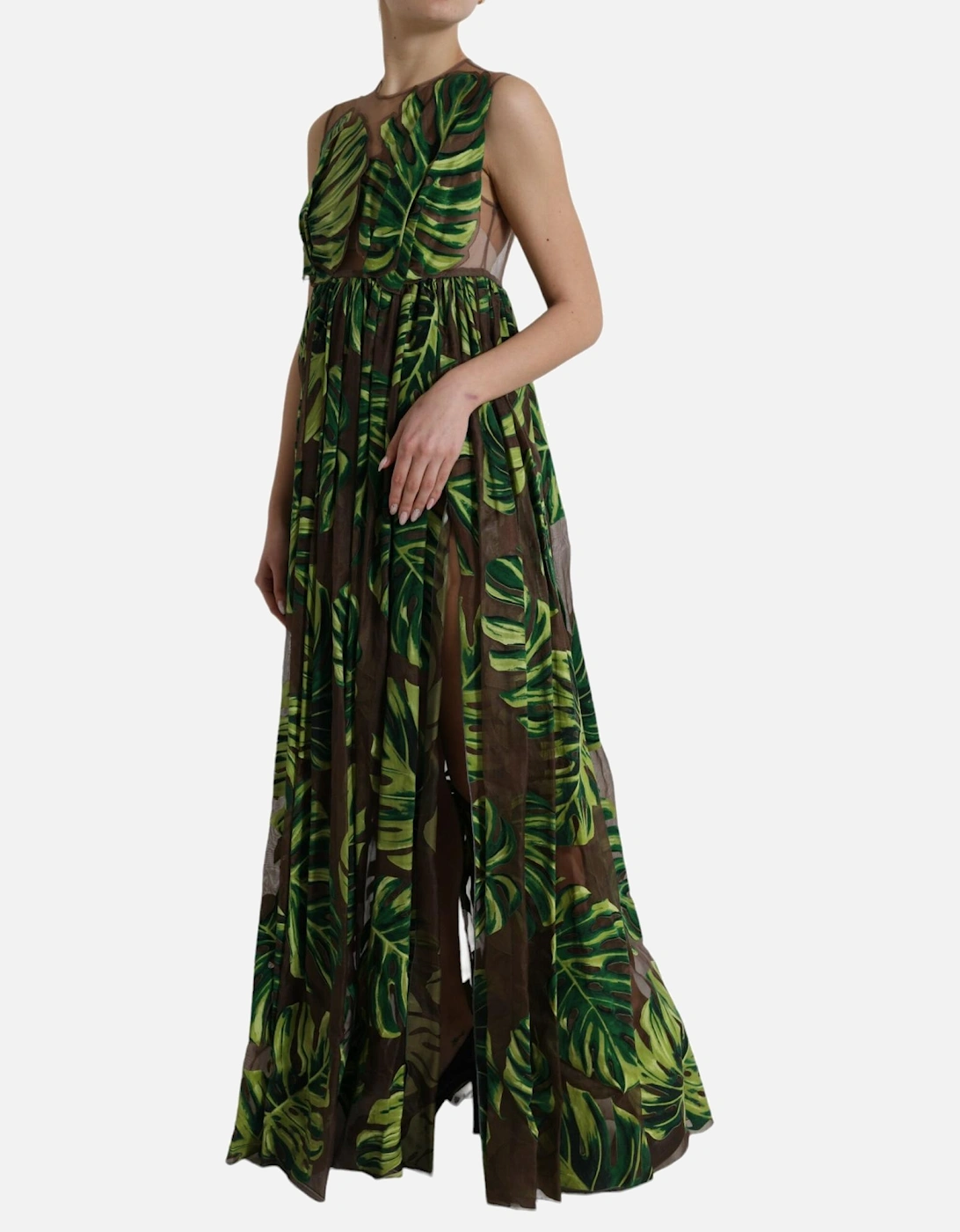 Printed Silk Maxi Dress Tropical Leaf Print Women - Green Dresses