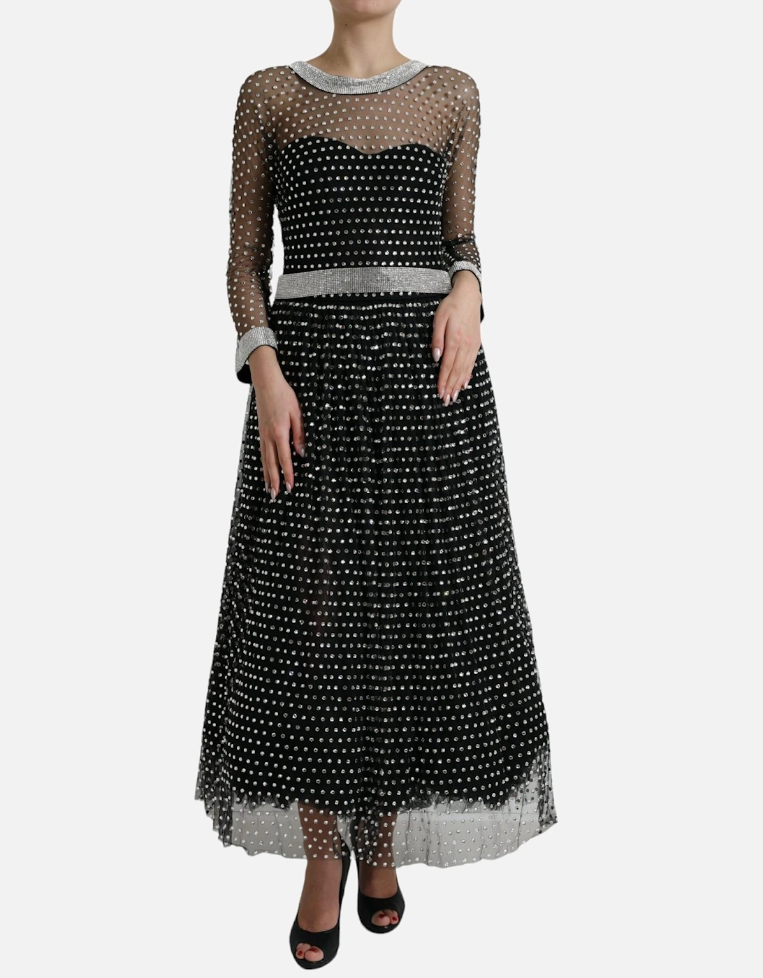 Embellished Mesh Gown Long Sleeve ALine Dress Women - Black Dresses, 7 of 6