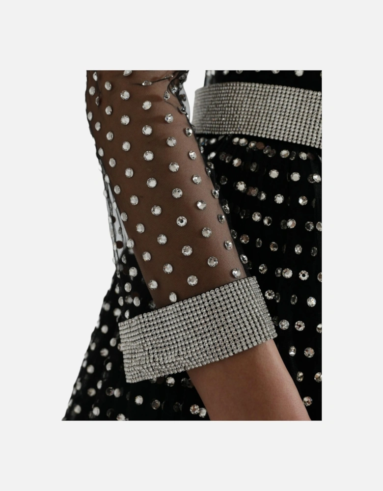 Embellished Mesh Gown Long Sleeve ALine Dress Women - Black Dresses