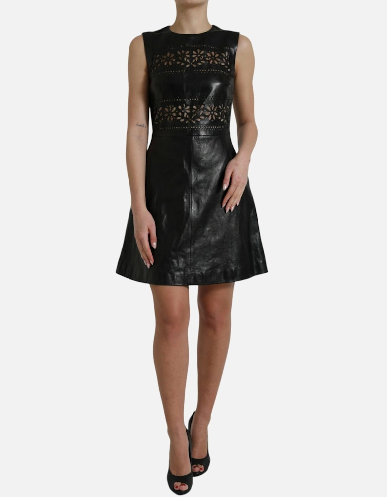 Black A-Line Mini Dress with Logo Details and Zip Closure. Women