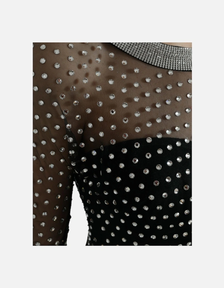 Embellished Mesh Gown Long Sleeve ALine Dress Women - Black Dresses