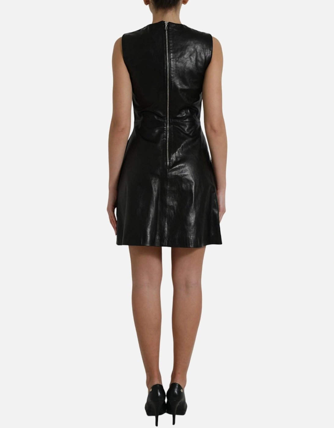 Black A-Line Mini Dress with Logo Details and Zip Closure. Women