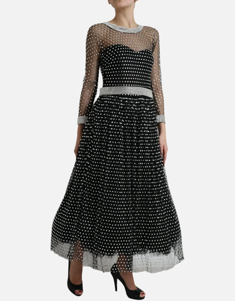 Embellished Mesh Gown Long Sleeve ALine Dress Women - Black Dresses
