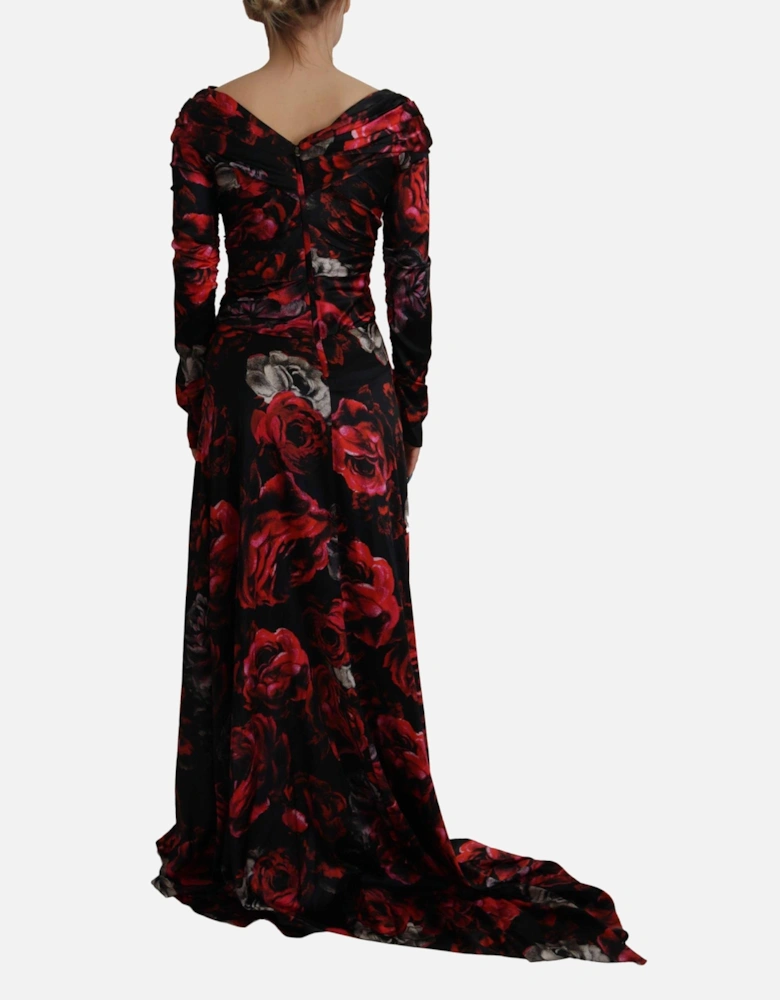 Floral Print Silk Dress Long Sleeve Gown Women - Black Dresses