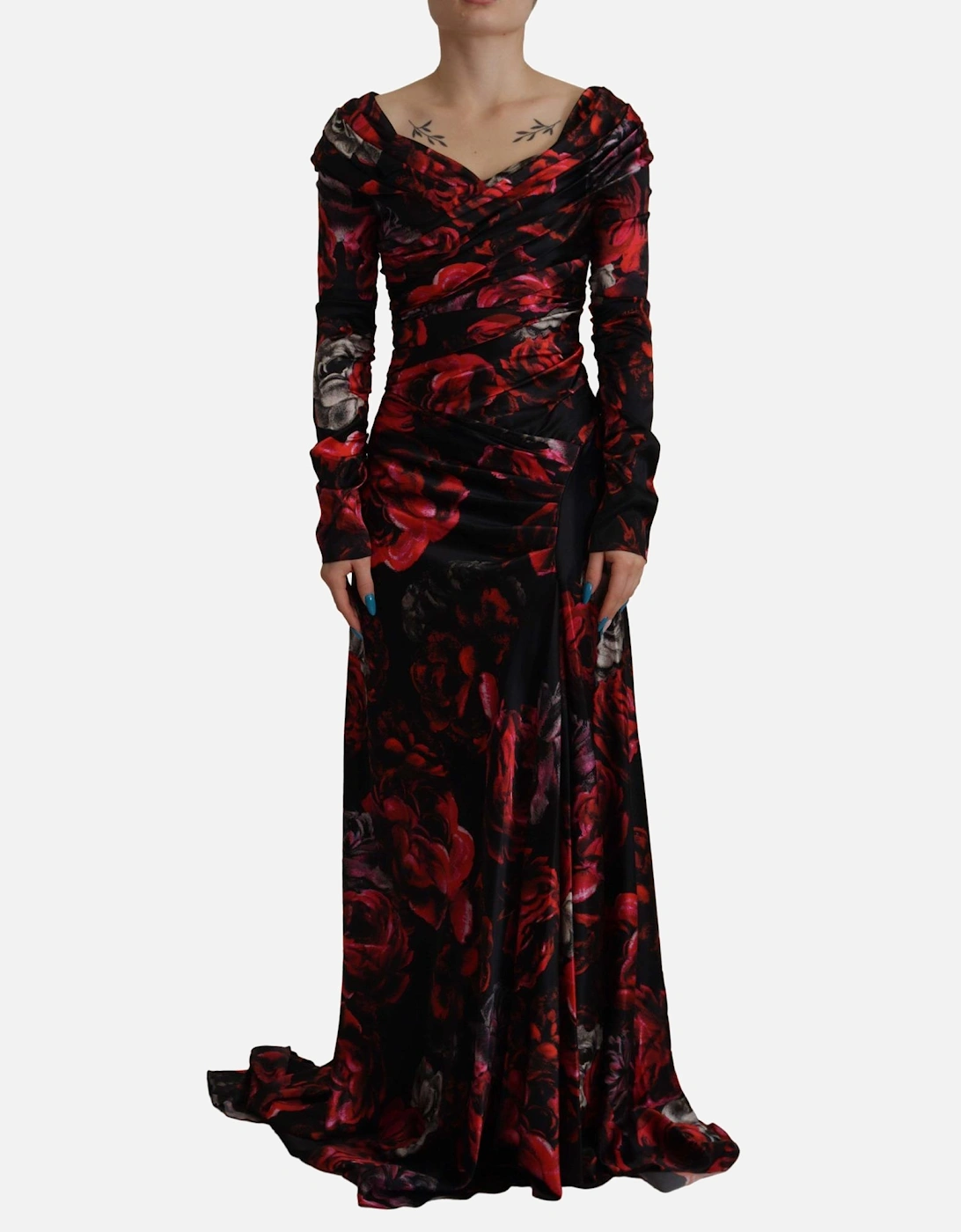 Floral Print Silk Dress Long Sleeve Gown Women - Black Dresses, 7 of 6