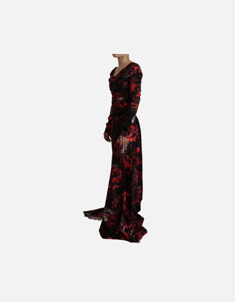 Floral Print Silk Dress Long Sleeve Gown Women - Black Dresses