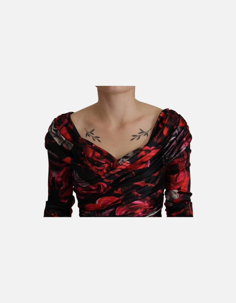 Floral Print Silk Dress Long Sleeve Gown Women - Black Dresses