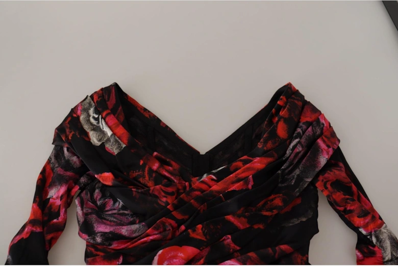 Floral Print Silk Dress Long Sleeve Gown Women - Black Dresses