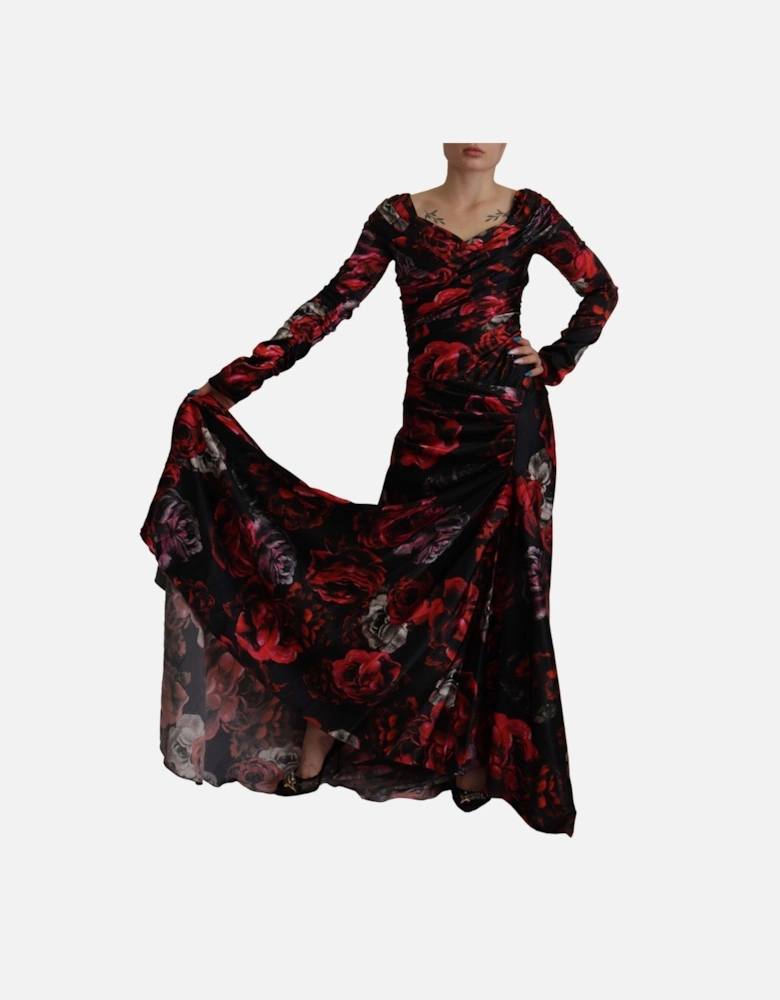 Floral Print Silk Dress Long Sleeve Gown Women - Black Dresses