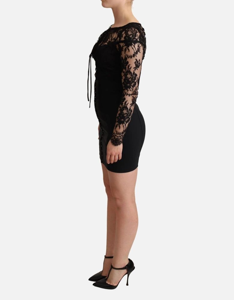 Lace Long Sleeve Corset Mini Dress Women - Black Dresses