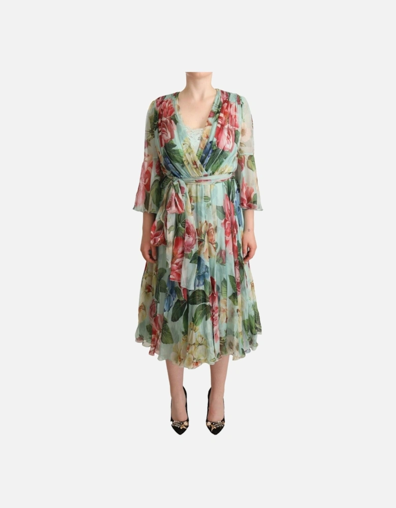 FloralPrint Silk Midi Dress Women - Green Dresses