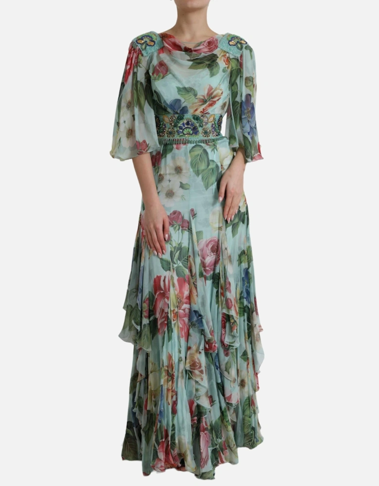 Floral Print Silk Long Dress with Embellished Belt Women - Blue