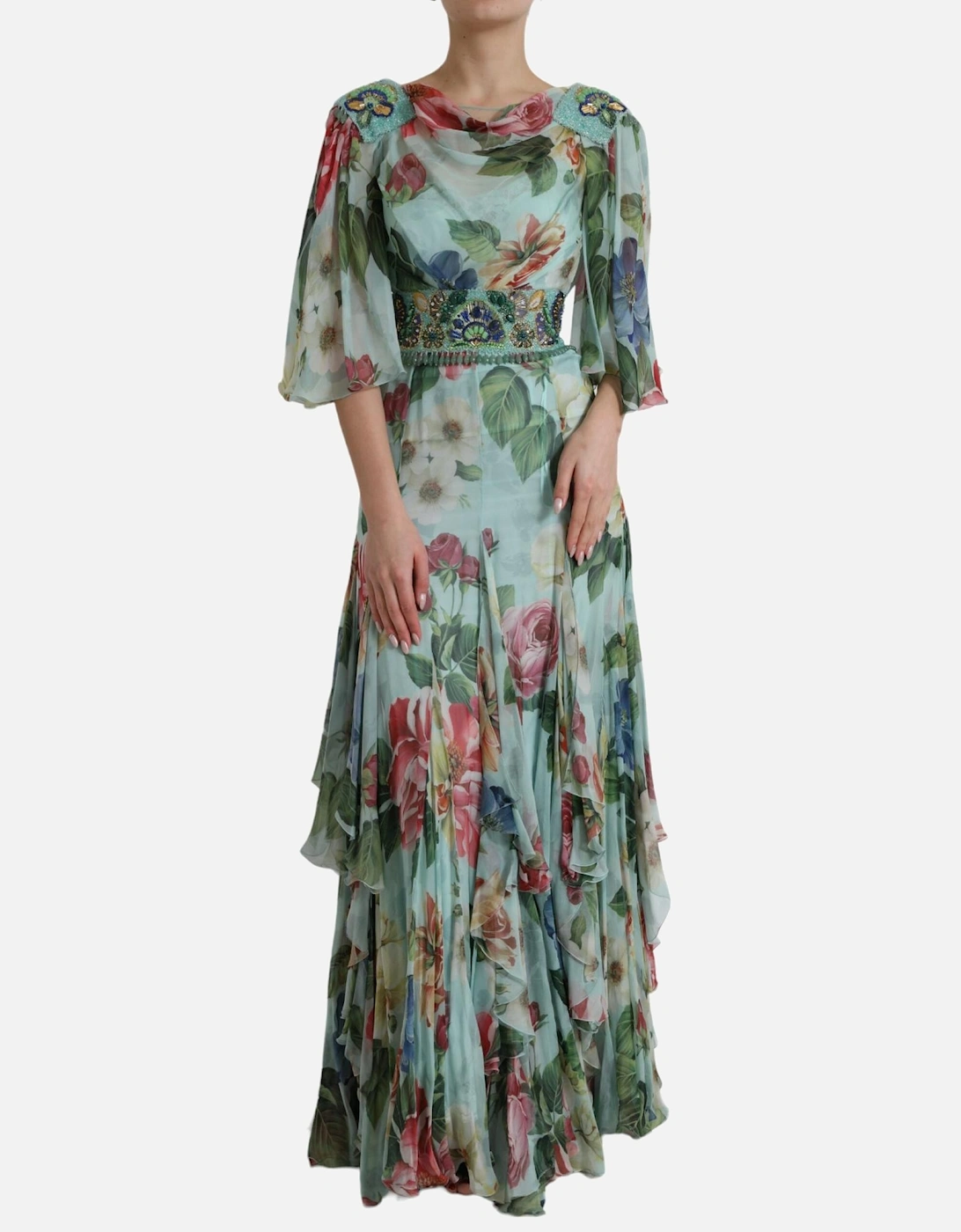 Floral Print Silk Long Dress with Embellished Belt Women - Blue, 7 of 6