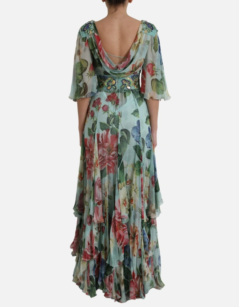 Floral Print Silk Long Dress with Embellished Belt Women - Blue
