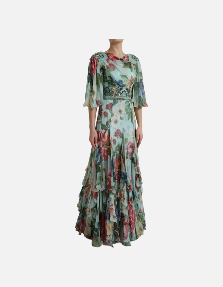 Floral Print Silk Long Dress with Embellished Belt Women - Blue
