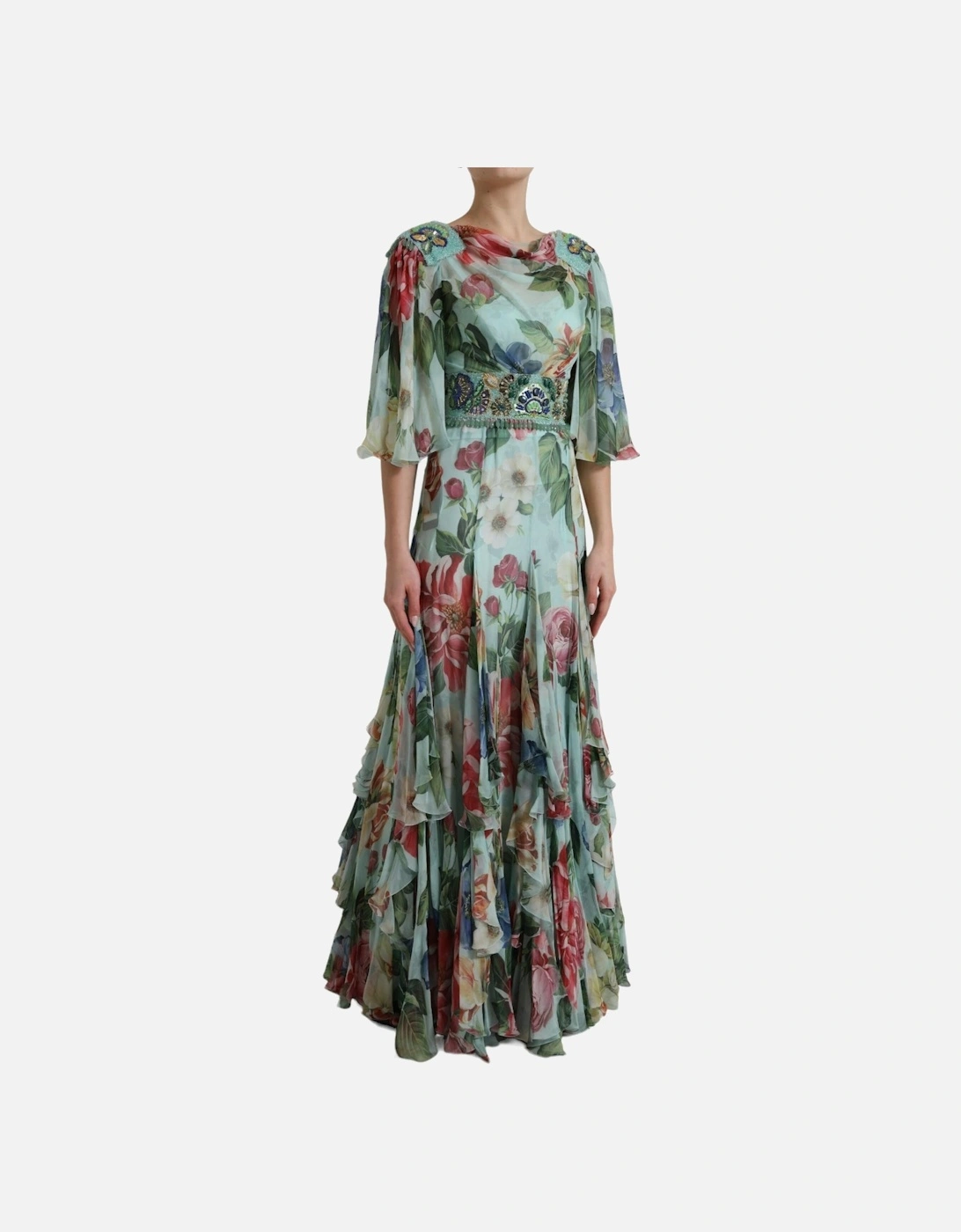 Floral Print Silk Long Dress with Embellished Belt Women - Blue
