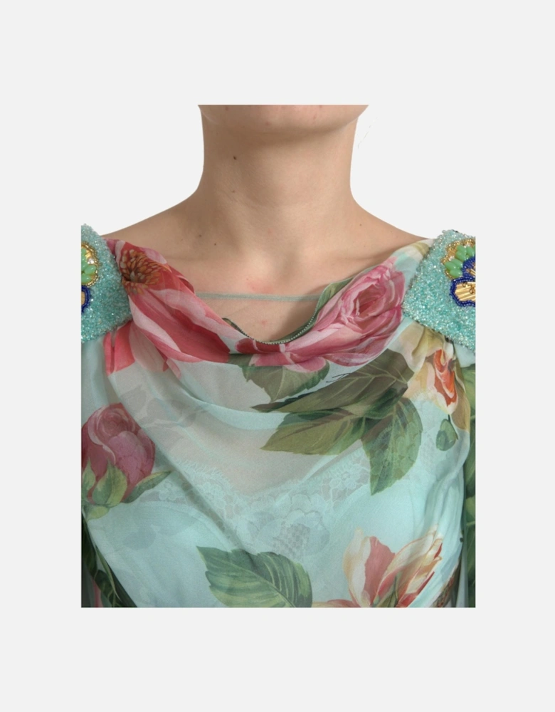 Floral Print Silk Long Dress with Embellished Belt Women - Blue