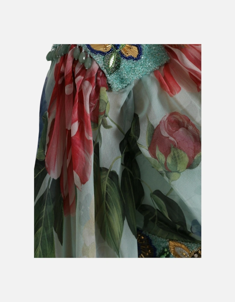 Floral Print Silk Long Dress with Embellished Belt Women - Blue