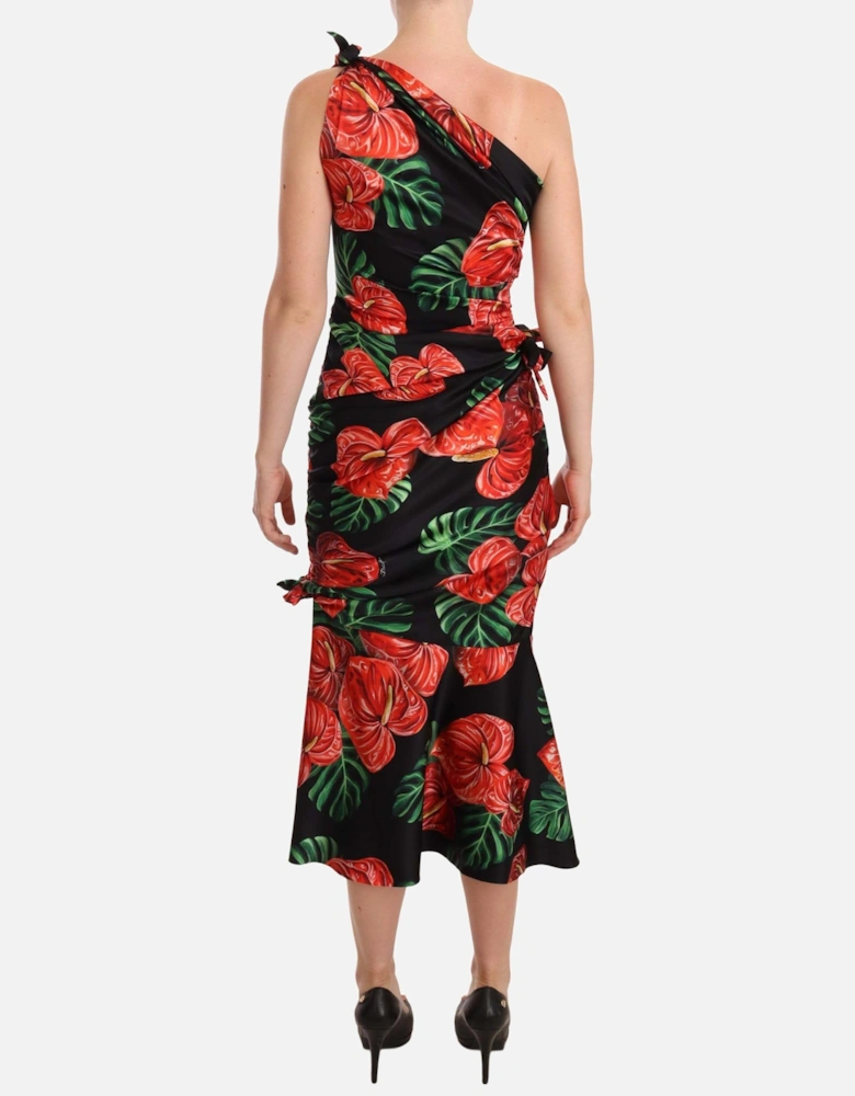 Floral OneShoulder Midi Dress Fit Flare Women - Black Dresses