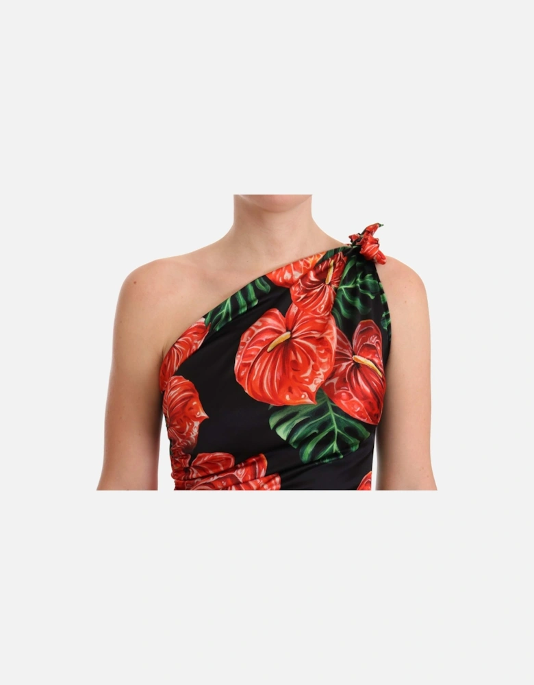 Floral OneShoulder Midi Dress Fit Flare Women - Black Dresses