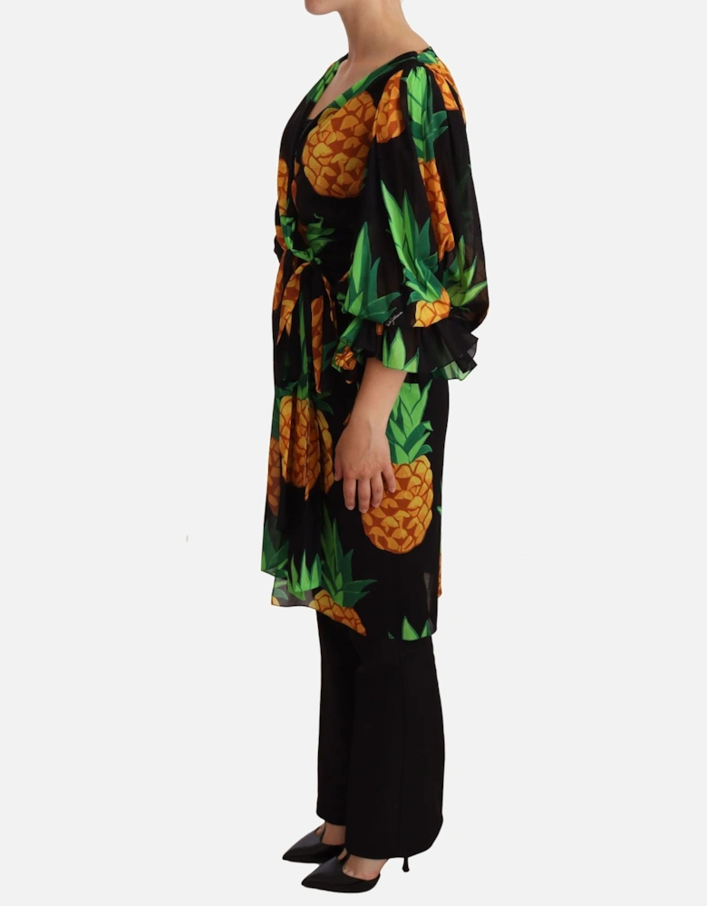 Pineapple Print Silk Wrap Dress Women - Black Dresses