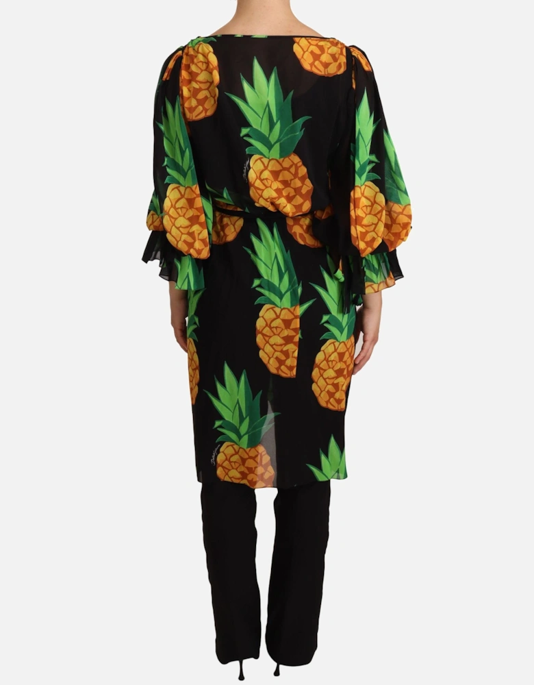 Pineapple Print Silk Wrap Dress Women - Black Dresses