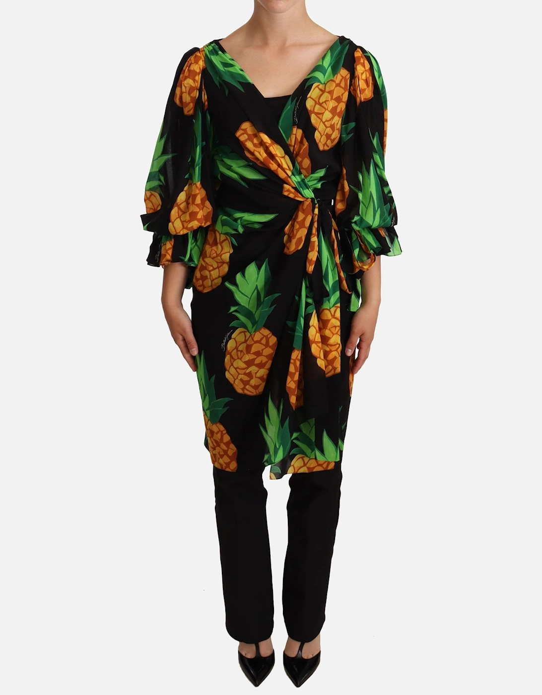 Pineapple Print Silk Wrap Dress Women - Black Dresses, 5 of 4