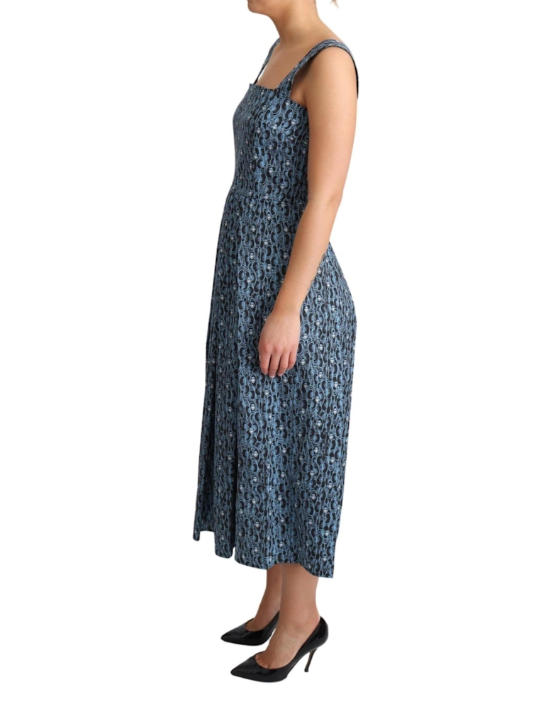 Printed Cotton Midi Dress Aline Style Women - Blue Dresses