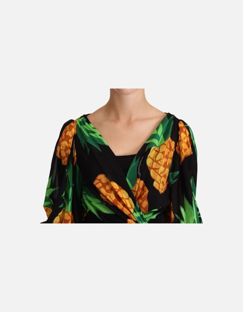 Pineapple Print Silk Wrap Dress Women - Black Dresses
