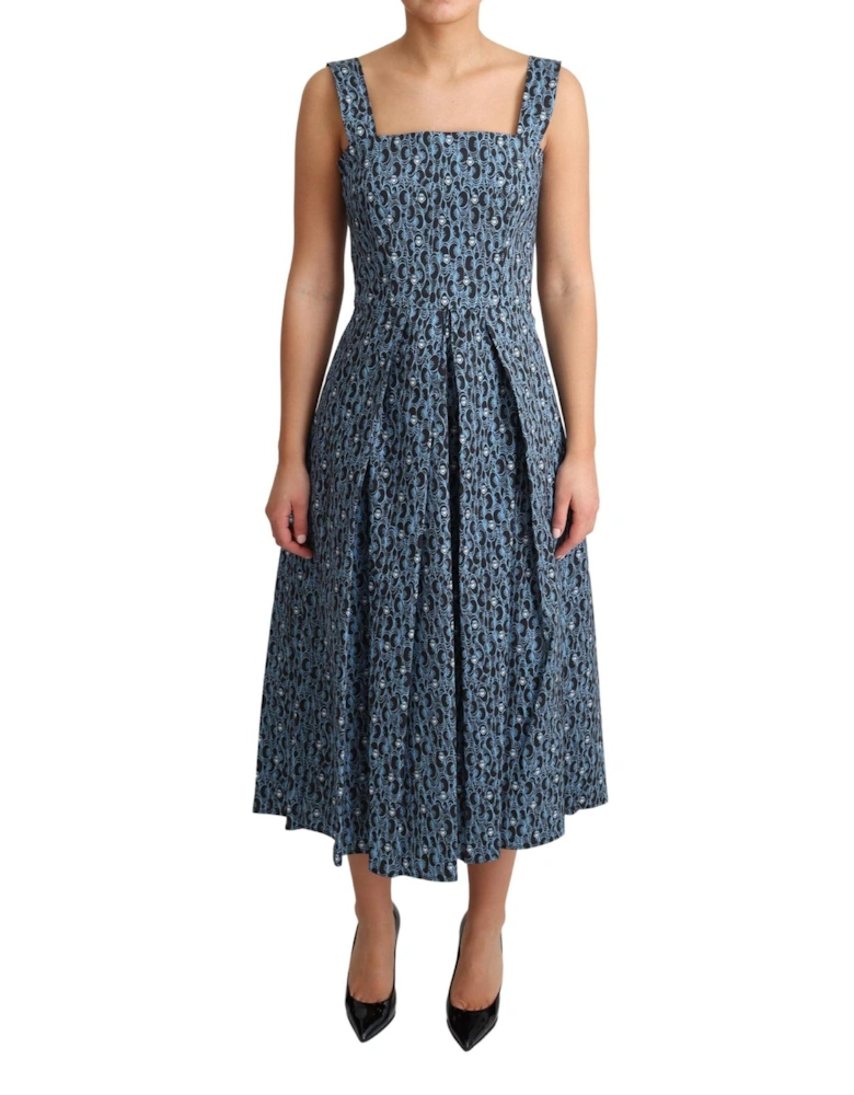 Printed Cotton Midi Dress Aline Style Women - Blue Dresses