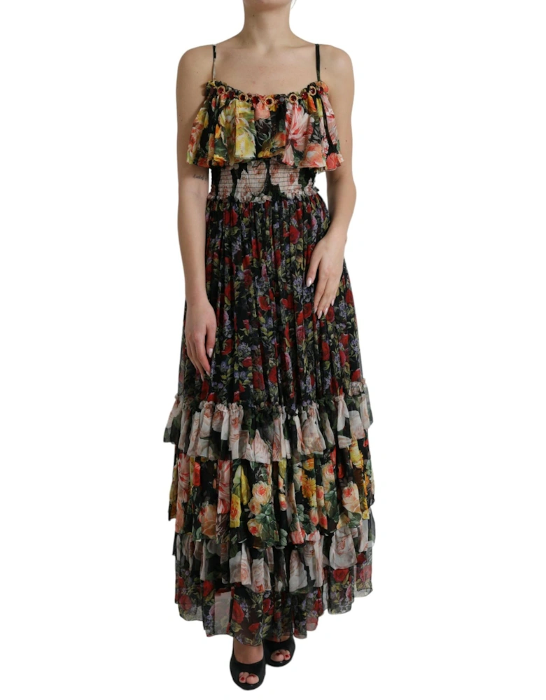 Multicolored Floral Print Silk Maxi Dress with Ruffle Trimming Women