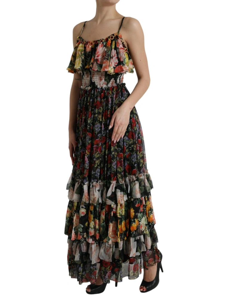 Multicolored Floral Print Silk Maxi Dress with Ruffle Trimming Women