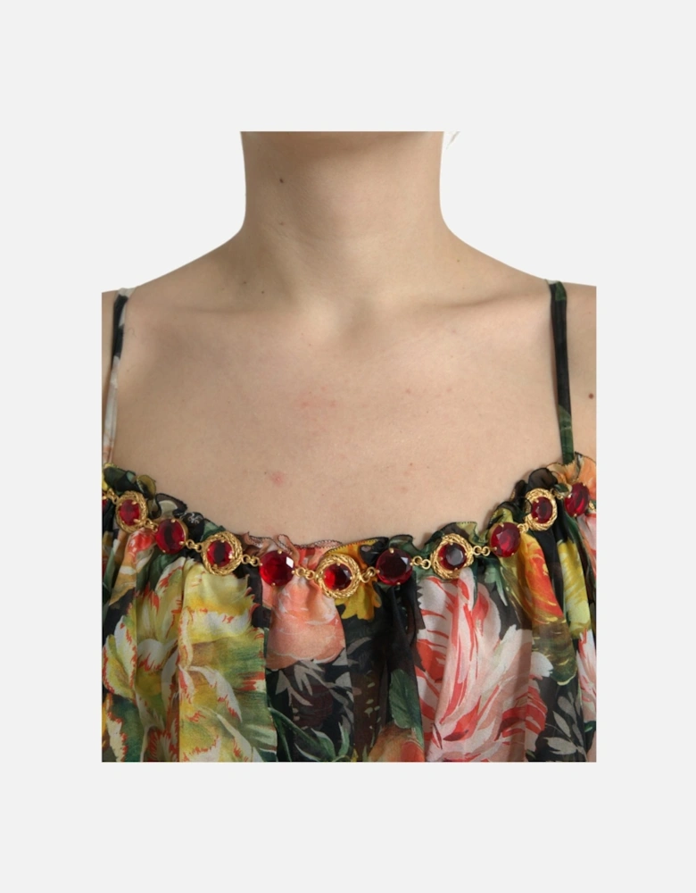 Multicolored Floral Print Silk Maxi Dress with Ruffle Trimming Women