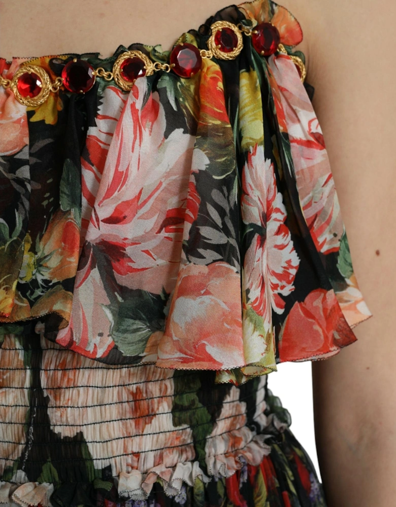 Multicolored Floral Print Silk Maxi Dress with Ruffle Trimming Women
