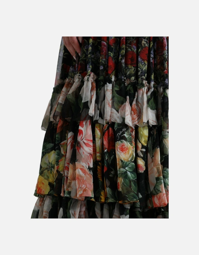 Multicolored Floral Print Silk Maxi Dress with Ruffle Trimming Women