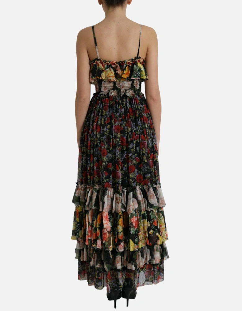Multicolored Floral Print Silk Maxi Dress with Ruffle Trimming Women