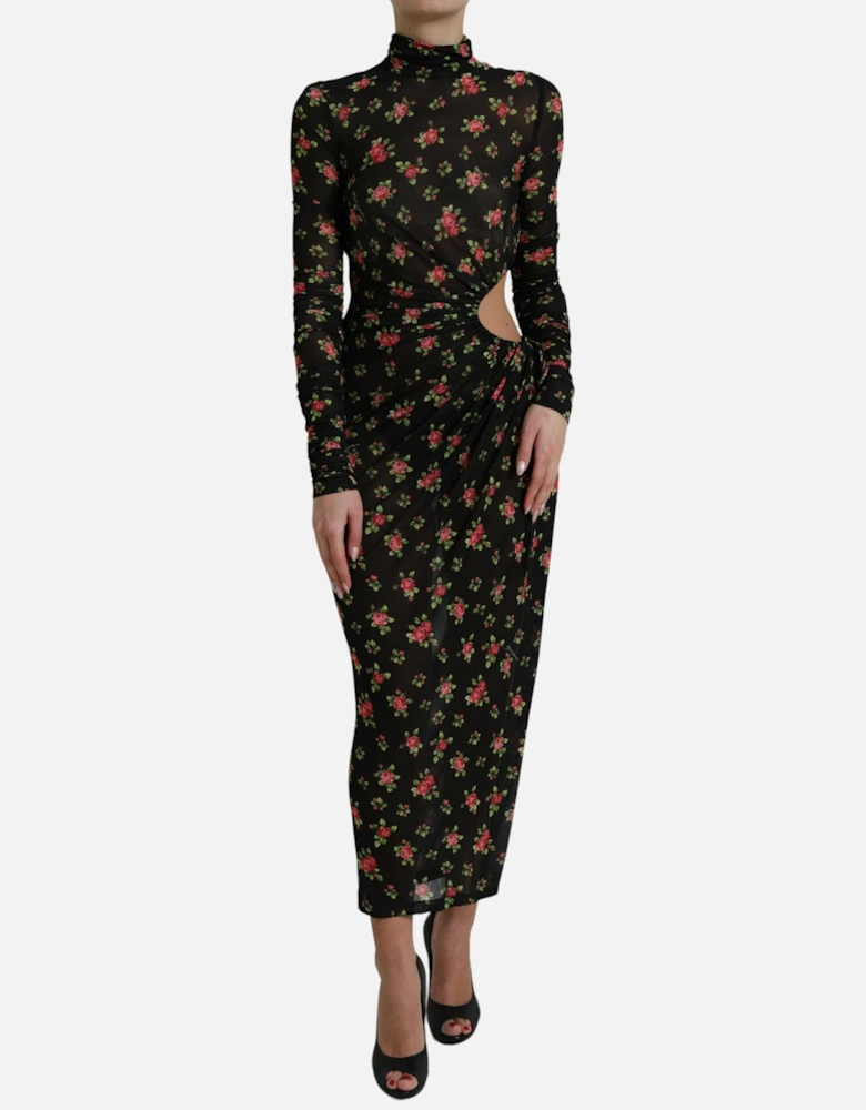 Floral Print Mesh Midi Dress Cutout Midi Dress Women - Black Dresses