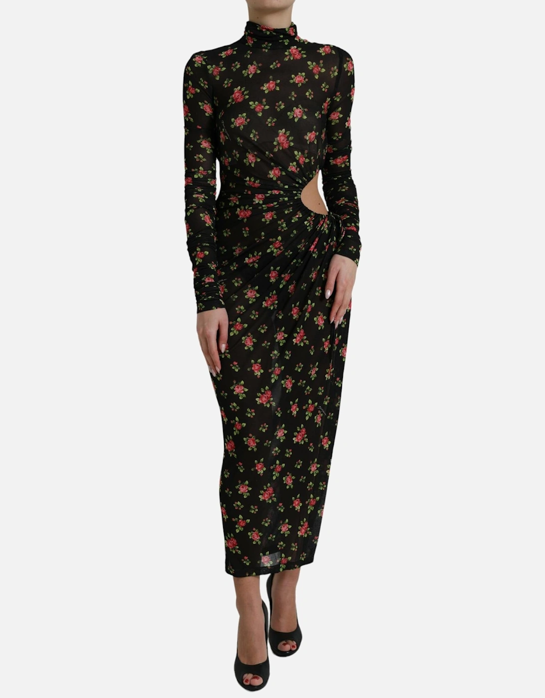 Floral Print Mesh Midi Dress Cutout Midi Dress Women - Black Dresses, 7 of 6