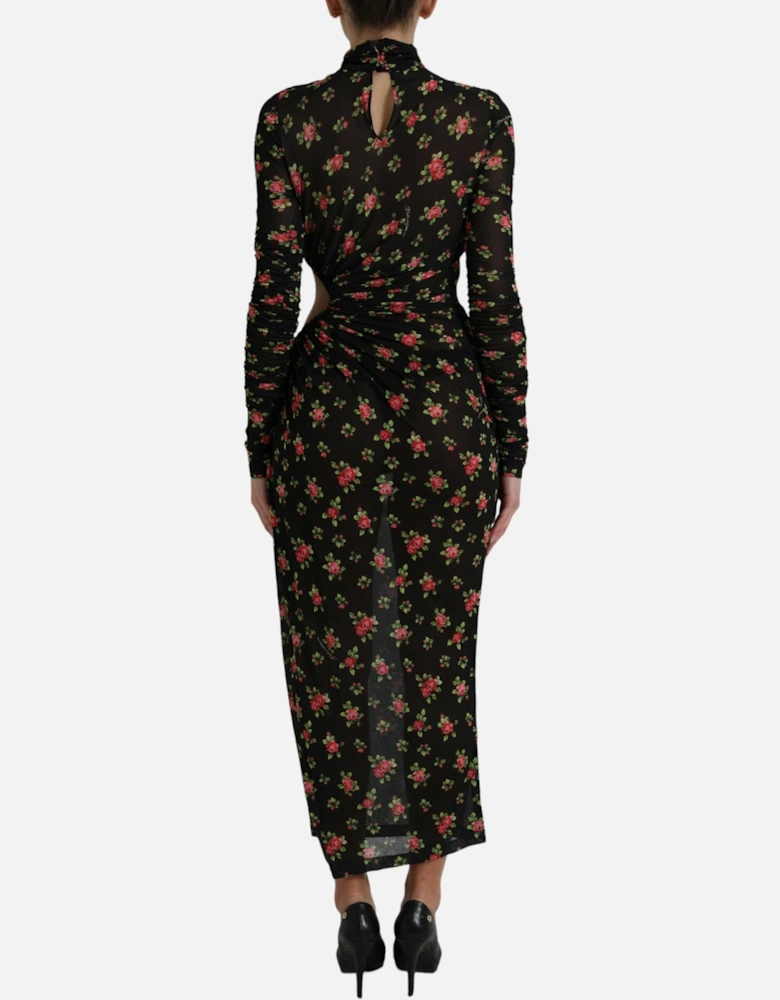 Floral Print Mesh Midi Dress Cutout Midi Dress Women - Black Dresses