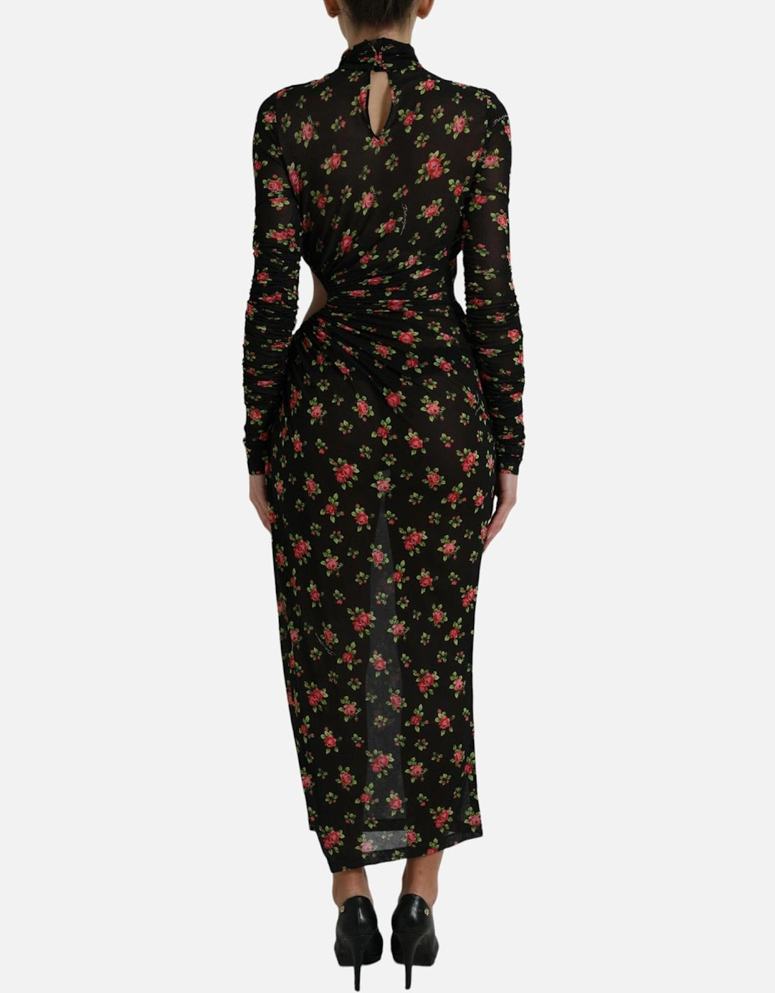Floral Print Mesh Midi Dress Cutout Midi Dress Women - Black Dresses