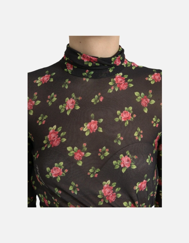 Floral Print Mesh Midi Dress Cutout Midi Dress Women - Black Dresses