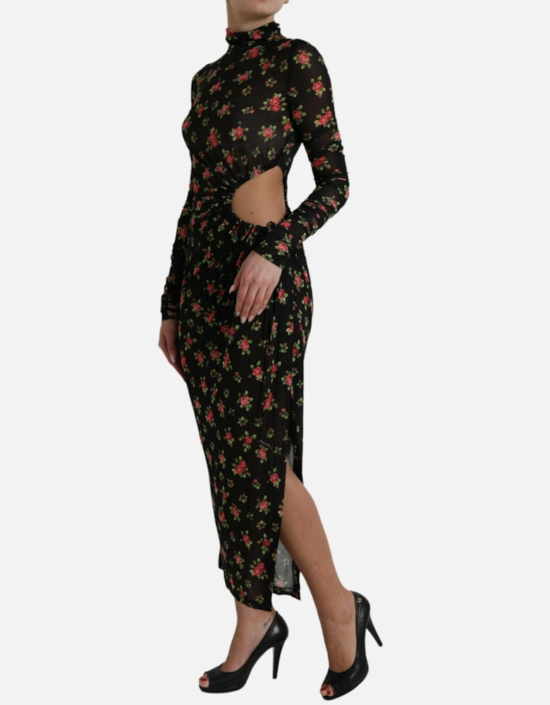Floral Print Mesh Midi Dress Cutout Midi Dress Women - Black Dresses