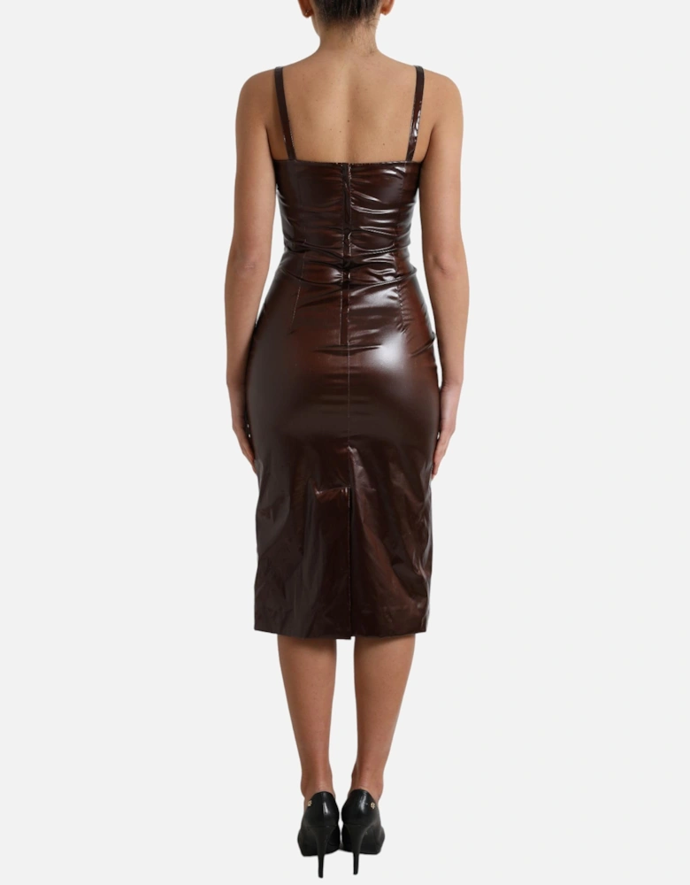 Faux Leather Midi Dress Sleeveless VNeck Women - Brown Dresses
